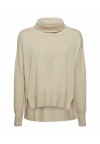 Beige oversized turtleneck-tröja med sänka axlar, ribbade muddar, fåll och en lager-på-lager hög-låg design.