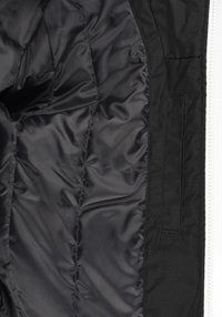 Notranjost črne puhasto prešite jakne z gladko, sijočo teksturo, vodoravnimi šivi in stranskim žepom na levi strani.