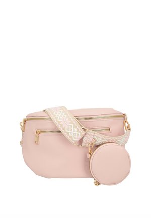 Borsa a tracolla sintetica morbida di colore rosa chiaro con hardware dorato, due scomparti con zip e una pochette rotonda staccabile con una tracolla decorata.