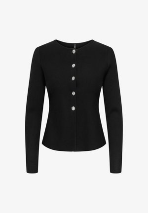 Cardigan noir en tricot à manches longues, avec un col rond et six boutons décoratifs argentés sur le devant. Texture lisse et coupe ajustée.