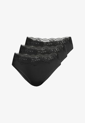 Three pairs of black panties with a smooth fabric body and decorative lace waistband, featuring a floral lace pattern along the top edge.