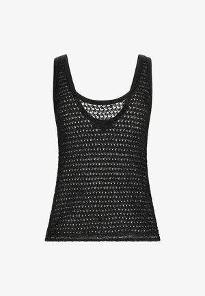 Top negro sin mangas con un diseño de punto holgado que presenta un patrón de tejido abierto. Escote en forma de U y tela texturizada.