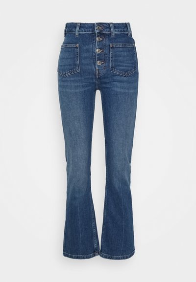 High-waisted blue flared jeans with five-button front closure, two front pockets, and a slight stretch, featuring a clean finish at the hem.