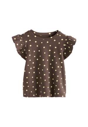 Brun kortærmet toddler-skjorte med creme farvede prikker og flæser på ærmerne, ribbet stof og rund halsudskæring.