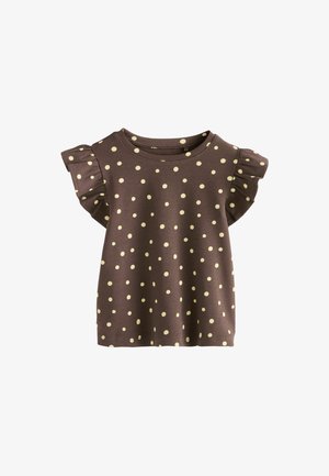 Brun kortærmet toddler-skjorte med creme farvede prikker og flæser på ærmerne, ribbet stof og rund halsudskæring.