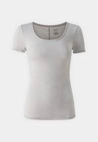 T-shirt grigio chiaro a maniche corte con scollatura rotonda, realizzato in tessuto morbido. Presenta un design aderente e una texture liscia. Etichetta di cura visibile all'interno.