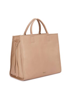 Bež kožna torba za nošenje s dvostrukim ručkama, pravokutnog oblika, bočnim vezicama i malenim zlatnim logotipom "Kazar" na prednjem dnu u sredini.