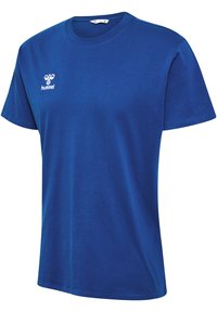 Camiseta de algodón azul con mangas cortas, cuello redondo y logo en el frontal. Textura suave, corte casual y diseño en un solo color.