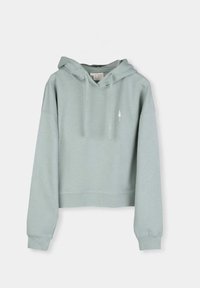 Hoodie corto verde chiaro realizzato in tessuto morbido. Presenta un cappuccio con lacci, maniche lunghe e un piccolo logo bianco a forma di albero.