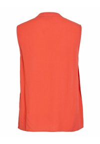 Top arancione senza maniche realizzato in tessuto leggero, con una vestibilità comoda, scollatura rotonda e aperture laterali per la traspirabilità.