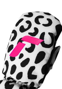 Weiße Fäustlinge mit schwarzen Leopardenflecken, die ein kräftiges pinkes Akzent auf dem gemusterten Stoff zeigen. Weiche Textur und elastisches Handgelenk.