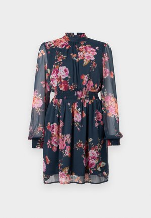 Abito floreale di un blu navy scuro con maniche lunghe e trasparenti. Presenta una vita elastica e un colletto alto. Decorato con motivi di fiori rosa e arancioni.