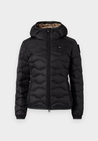 Black puffer jacket with a hood, featuring a zippered front, quilted texture, elastic cuffs, and a subtle logo on the chest. Lined with brown.