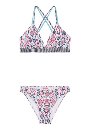Multikleurige bikiniset met een triangeltop met kruislings straps en een gestreepte band. De broekjes zijn voorzien van een bijpassend patroon.