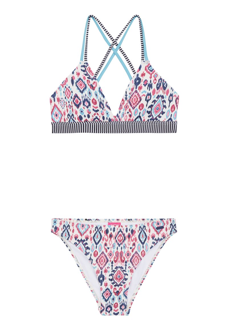 Multifarvet bikini sæt med trekants-top med krydset stropper og en stripsmønstret kant. Bunden er mønstret i et matchende design.