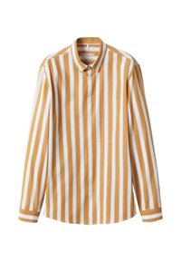 Camicia a maniche lunghe con strisce verticali alternate giallo-arancio e bianche, colletto button-down e polsini con un bottone. Tessuto dalla superficie liscia.