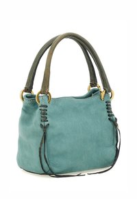 Borsa in pelle teal con manici corti di un verde scuro, cuciture decorative sui lati e dettagli in oro. Texture liscia.