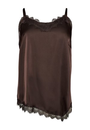 Tumepruun satiinist kamisol pitsäärega kaelalõike ja äärte juures, peente õlarihmadega.