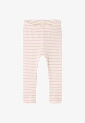 Pruhované legíny z jemné ribované tkaniny s horizontálními světle růžovými a krémovými pruhy, s elastickým pasem a délku ke kotníkům.