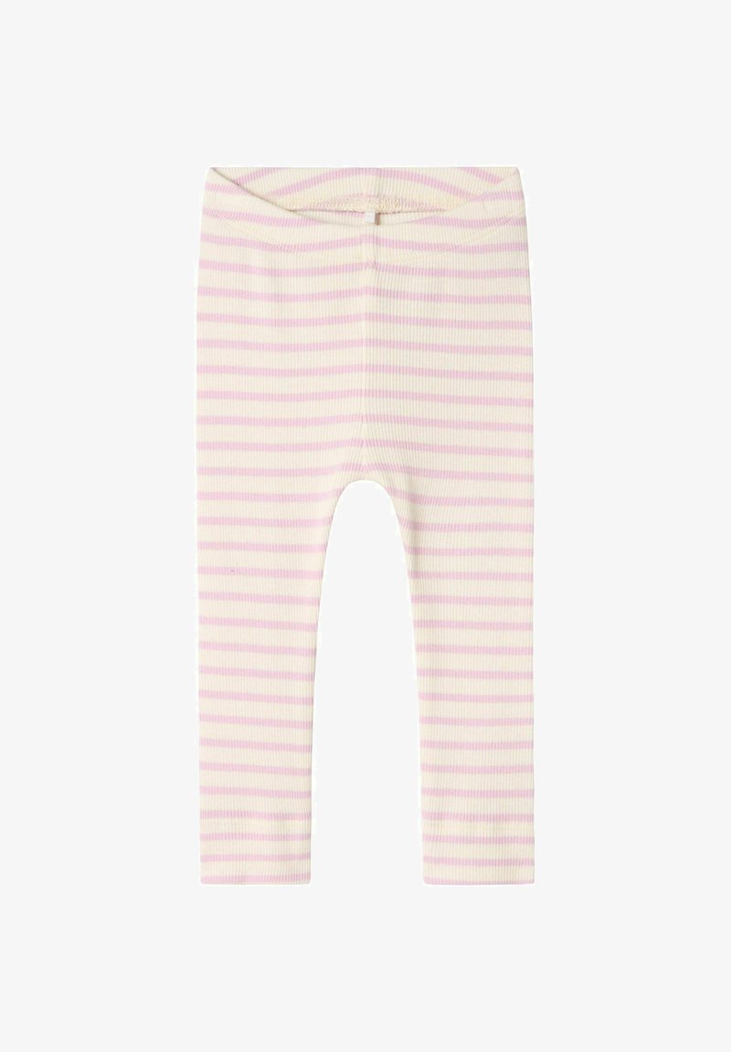 Csíkos leggings puha bordázott anyagból, vízszintes világos rózsaszín és krémszín csíkokkal, elasztikus derékkal és bokáig érő hosszban.