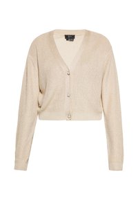 Cardigan corto beige con scollo a V, maniche lunghe e tre bottoni decorativi sulla parte anteriore. Realizzato in tessuto a maglia testurizzato.