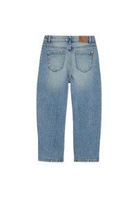 Hele sinine teksapüksid sirge sääre lõikega, millel on kaks tagataskut ja nahast brändi märk vöökohal. Klassikaline viie taskuga disain.