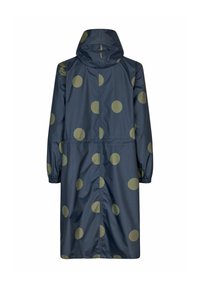 Marine regnfrakke med store olivengrønne prikkede, med hætte, elastiske manchetter og justerbar talje for tilpasset pasform. Bagfra view vist.