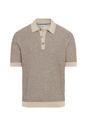 Kurzärmeliges Poloshirt mit beigem Kragen und Bündchen, beige-braun-blau kariertem kleinen Muster und drei Knöpfen an der Knopfleiste.