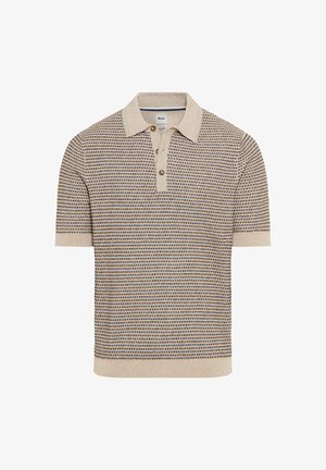 Polo à manches courtes avec col et poignets beige, motif à petits carreaux beige, marron et bleu, et trois boutons sur la patte.