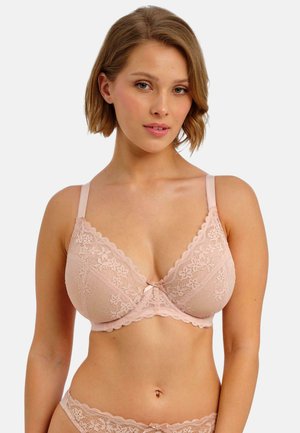 Sujetador de encaje rosa claro con motivo floral, bordes ondulados y un pequeño lazo en el centro. Tirantes ajustables para un ajuste personalizado.