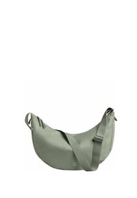 Borsa a spalla in tessuto verde con design curvo, tracolla regolabile e scomparti con zip. Stile minimalista con dettagli del logo.