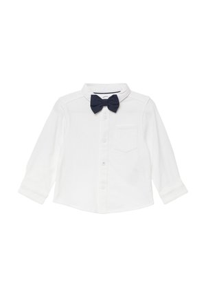 Witte blouse met lange mouwen, een donkerblauwe strik, knoopsluiting en een borstzak. Gemaakt van katoen met een gladde textuur.