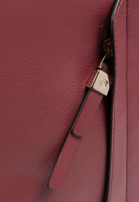 Borsa a mano in pelle bordeaux in primo piano, con una texture liscia, dettaglio della cerniera con ferramenta dorata e un accento nero lungo il bordo.