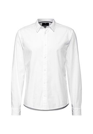 Chemise blanche à manches longues, à boutons sur le devant, avec un col, en coton. Texture lisse avec un ourlet arrondi et un détail de logo ton sur ton.