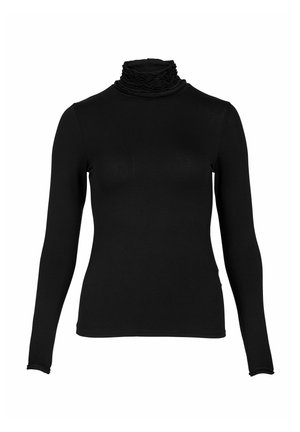 Crna turtleneck majica dugih rukava. Mekani, rastezljivi materijal s nabranim visokim ovratnikom i prilagođenim dizajnom. Nema vidljivih uzoraka ili metalnih detalja.