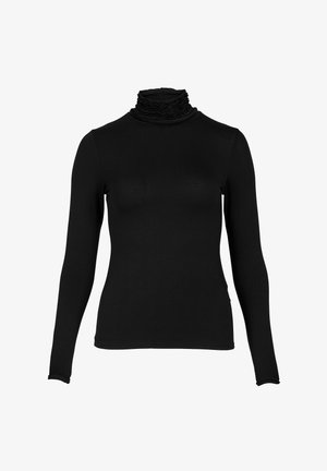 Juoda ilgas rankoves golfo megztinis. Minkšta, tampri medžiaga su volaniniu aukštu apykakle ir prigludusia forma. Nėra matomų raštų ar metalinių detalių.