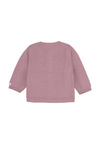 Rosa stickad tröja med långa ärmar, rund halsringning, ribbade mudd och nederkant. Bakvy visar en jämn struktur och minimal detaljering.