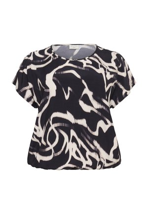 Blouse courte à manches courtes, à motif abstrait noir et blanc, avec un col rond et un ourlet légèrement froncé.