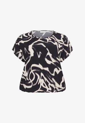 Črno-bela abstraktna vzorčasta bluza s kratkimi rokavi, okroglo izrezom in rahlo nagubanimi robovi.