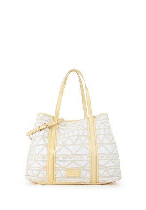 Borsa tote beige e bianca con motivo, con due manici lunghi e tracolla regolabile, mostrata su sfondo bianco.