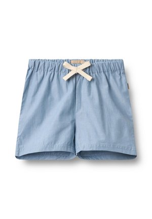 Pantaloncini di cotone azzurro chiaro con fascia elastica in vita e fiocco beige con coulisse sul davanti, distesi su sfondo bianco.