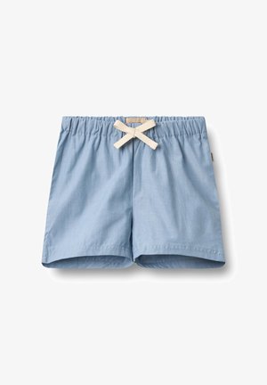 Shorts en coton bleu clair avec taille élastique et nœud beige à cordon à l'avant, posés à plat sur un fond blanc.