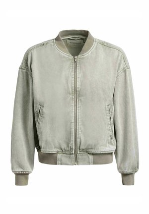 Light gray bomber jacket with front zipper, ribbed collar, cuffs, and hem, and two side pockets.