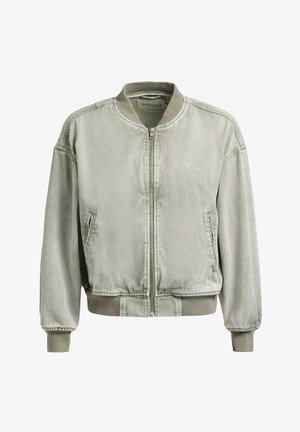 Light gray bomber jacket with front zipper, ribbed collar, cuffs, and hem, and two side pockets.