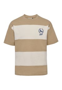Beige og hvidstribet kortærmet t-shirt lavet af bomuld, med rund halsudskæring og et broderet logo i blåt.