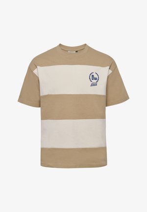 Beige-weiße gestreifte Kurzarm-T-Shirt aus Baumwolle mit Rundhalsausschnitt und einem blauen gestickten Logo.