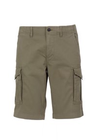Olijfgroene cargoshorts van katoen, met twee zijzakken, twee cargozakken en een knoopsluiting. Korte, rechte snit.