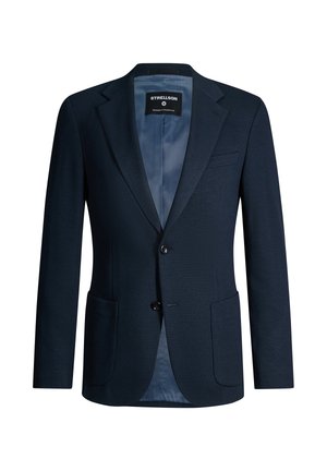 Marineblauer Herrenblazer mit Zwei-Knopf-Verschluss, Spitzen-Revers, aufgesetzten Taschen und glattem hellblauem Innenfutter.