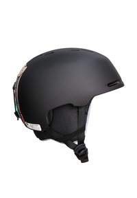 Čierna matná prilba s nastaviteľným bradovým popruhom, polstrovaným vnútrom, ventilačnými otvormi a farebným akcentovaným grafickým dizajnom na boku.