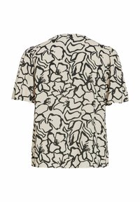 Blouse à manches courtes à motif floral abstrait noir et blanc, vue de dos sur fond blanc.
